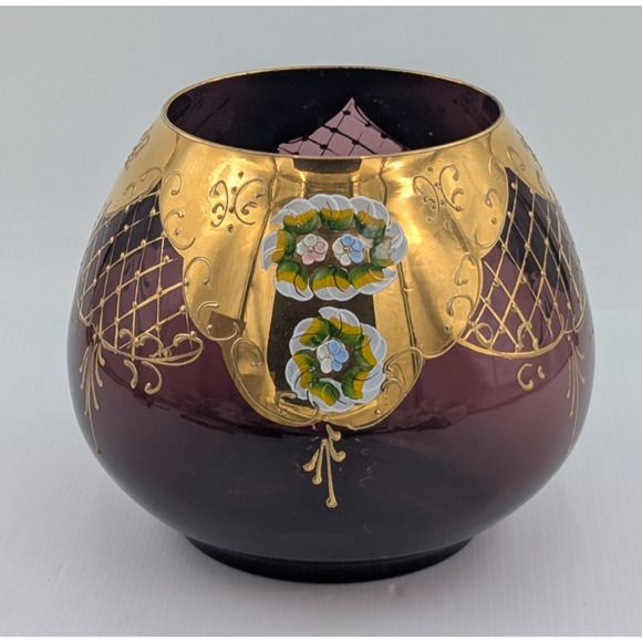 Large Bohemian Glass Bowl Purple Amethyst Gold Gilt Enameled Applied Flowers 7" - Picture 5 of 13